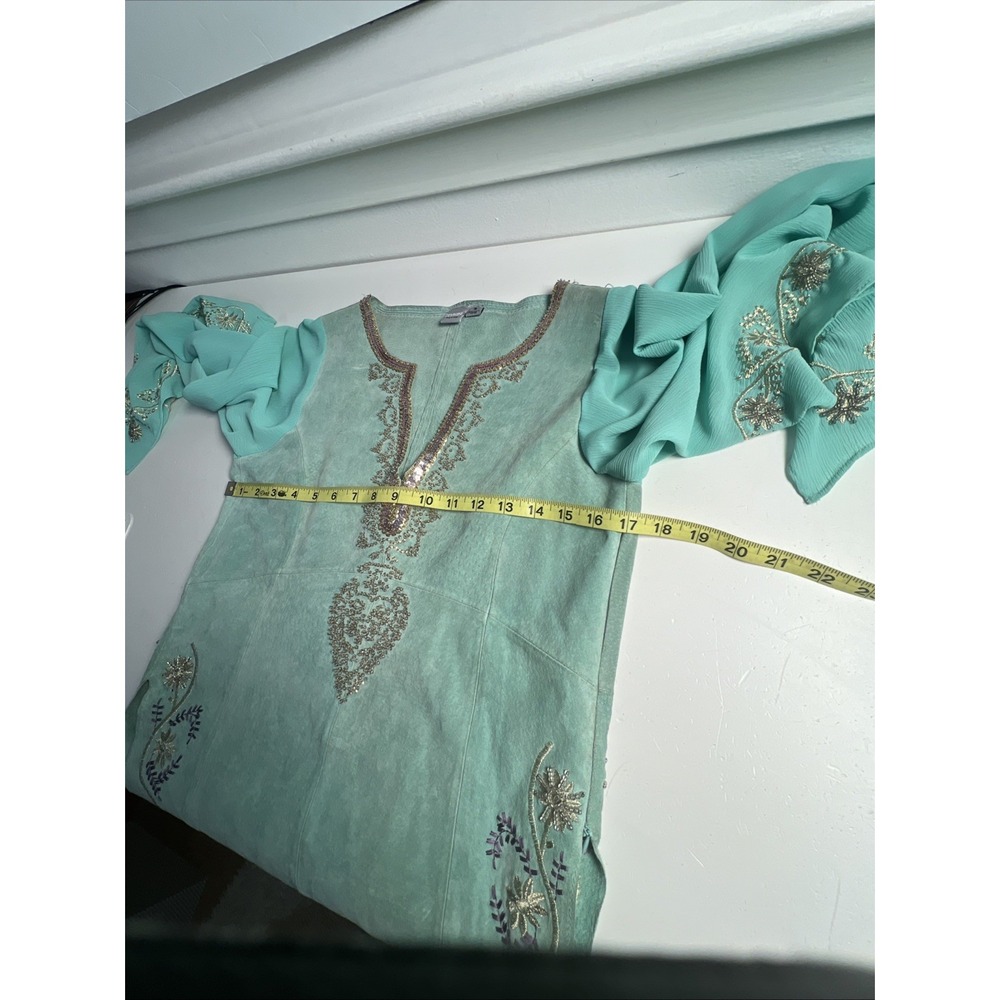 VTG  Wilson's Leather Blue Suede Boho Western‎ Sequin Kimono Sleeve Top Sz Small - Picture 10 of 11